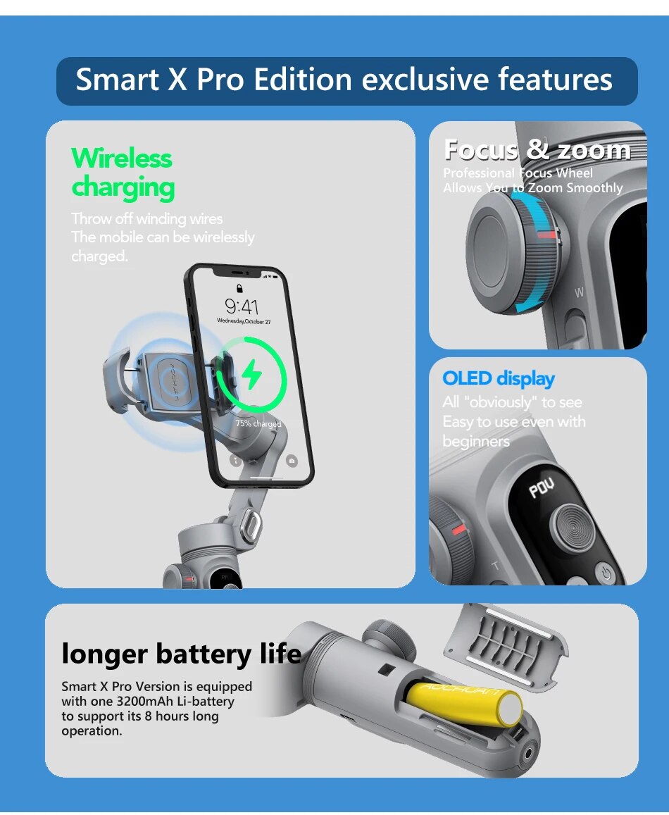 AOCHUAN Smart X Pro 3-Axis Foldable Handheld Gimbal Stabilizer with Fill Light Wireless Charging For Smart Phone Action Camera - Image 7